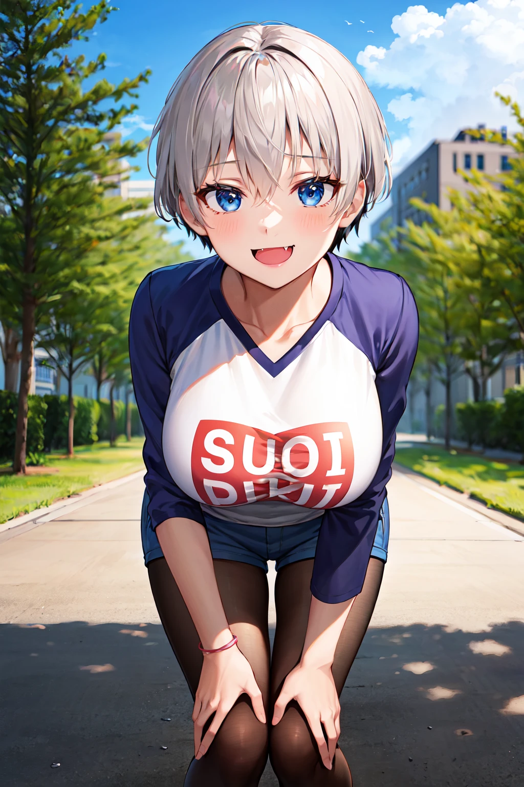 masterpiece, best quality, highres, uh1, shirt, raglan sleeves, romaji text, clothes writing, collarbone, long sleeves, denim shorts, pantyhose, fang, <lora:uzaki_hana:0.7>, leaning forward, smile, outdoors, hand on own knee,