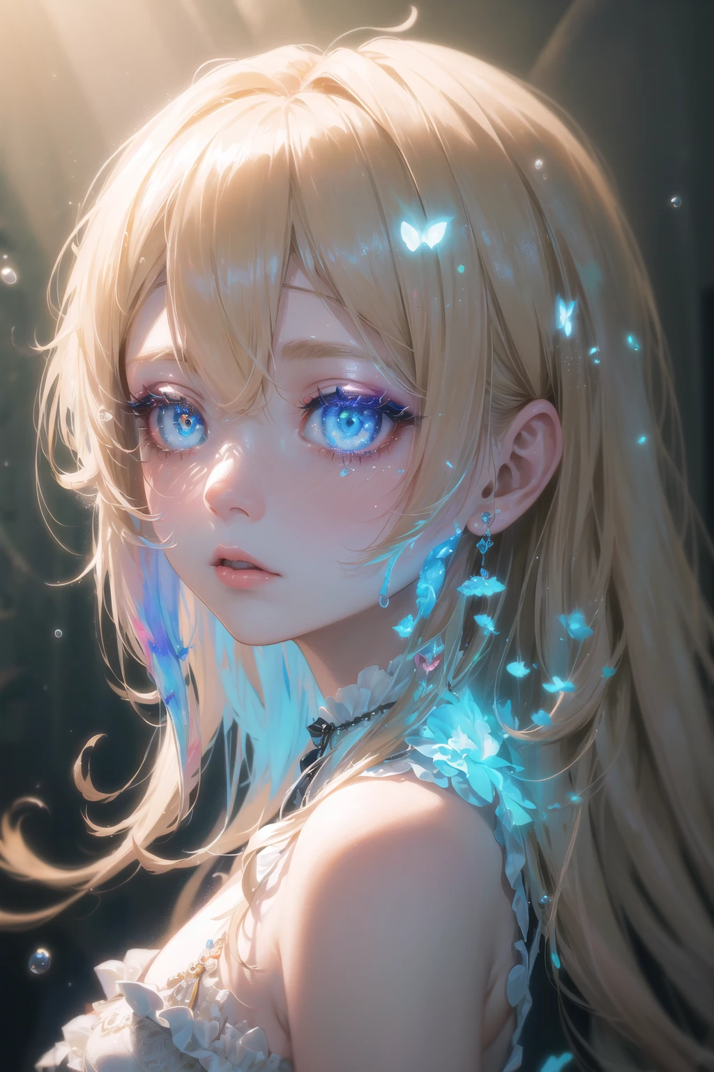 (Masterpiece:1.2), best quality, (illustration:1.2), (ultra-detailed),Eye focus,(Masterfully crafted Glow, pink lens flare), (Cinematic background), hyper details, (delicate detailed), (intricate details), octane render, hdr, (hyperdetailed:1.15), (((colourful))),(soft light:1.2), 1girl, beautiful girl, ultra detailed eyes, mature, plump, thick, rainbow painting drops, paint teardrops, woman made up from paint, entirely paint, splat, splash, outdoors, (bioluminescent hair:1.1),(glowing eyes), ((makeup)),(Cinematic masterpiece), fierce, powerful, splashes of colour absolutely eye-catching, (Cinematic headlight), ((caustic)), dynamic angle, beautiful detailed glow, ambient occlusion, ambient light, raytraced reflections,(best illumination, an extremely delicate and beautiful), ((cinematic light)), (soft:2),(Isekai), portal into another world, chasing dreams, , (curious), (mysterious), (Exploring new world), (whimsical) , intricate background
