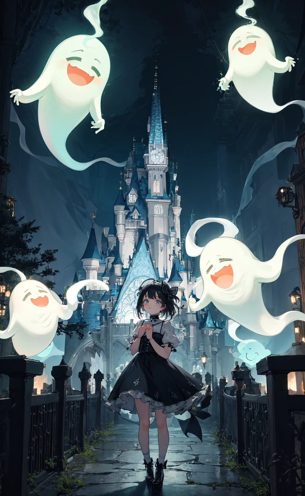 masterpiece, best quality, haunted theme park, haunted by chibi ghosts, cute, whimsical, glow, glowing, fun, silly, mystical