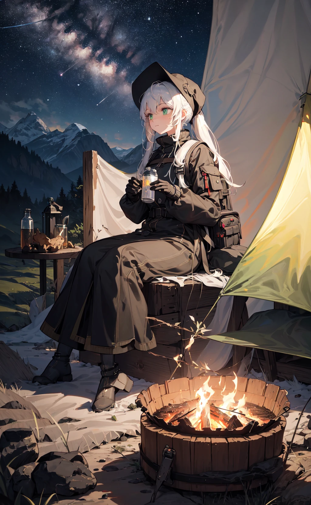 masterpiece, best quality, ultra-detailed, illustration, 1girl, solo, outdoors, camping, night, mountains, nature, stars, moon, bonfire, tent, twin ponytails, green eyes, cheerful, happy, backpack, sleeping bag, camping stove, water bottle, mountain boots, gloves, sweater, hat, flashlight, forest, rocks, river, wood, smoke, shadows, contrast, clear sky, constellations, Milky Way, peaceful, serene, quiet, tranquil, remote, secluded, adventurous, exploration, escape, independence, survival, resourcefulness, challenge, perseverance, stamina, endurance, observation, intuition, adaptability, creativity, imagination, artistry, inspiration, beauty, awe, wonder, gratitude, appreciation, relaxation, enjoyment, rejuvenation, mindfulness, awareness, connection, harmony, balance, texture, detail, realism, depth, perspective, composition, color, light, shadow, reflection, refraction, tone, contrast, foreground, middle ground, background, naturalistic, figurative, representational, impressionistic, expressionistic, abstract, innovative, experimental, unique