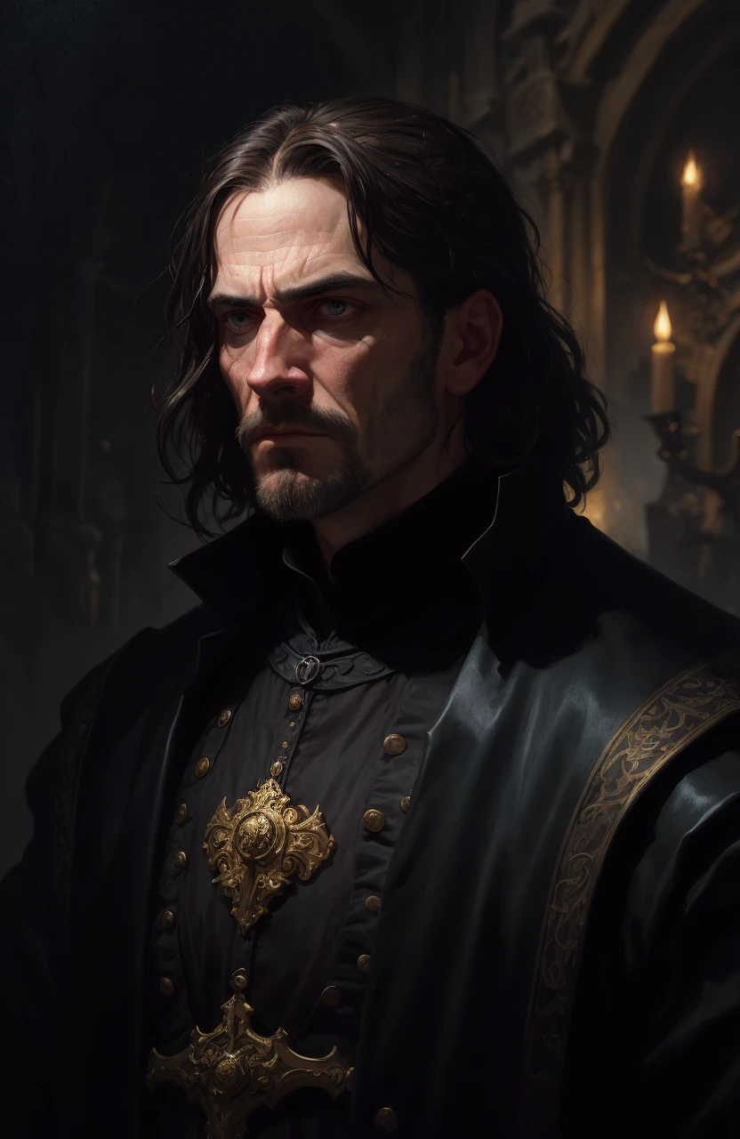 (dark theme:0.9), medieval portrait of a man sharp features, grim, cold stare, dark colors, Volumetric lighting, baroque oil painting by Greg Rutkowski, Artgerm, WLOP, Alphonse Mucha dynamic lighting hyperdetailed intricately detailed, (hdr:1.22), muted colors, complex background, hyperrealism, hyperdetailed, amandine van ray