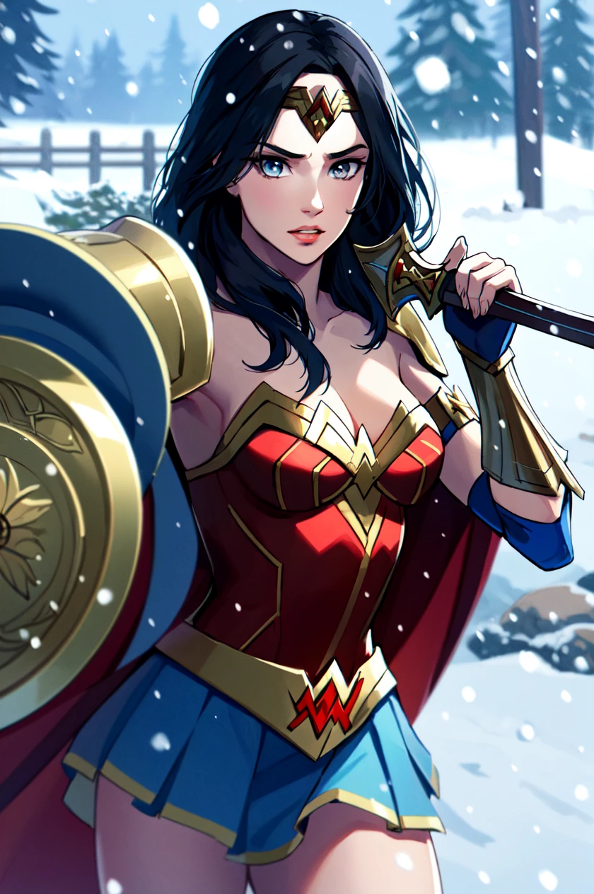 1girl, wonder woman, armlet, black hair, blurry, bracer, breath, cape, cowboy shot, depth of field, holding, holding weapon, lasso, looking at viewer, parted lips, pommel, reverse grip, shield, skirt, snow, snowing, solo, superhero, sword, tiara, toned, weapon, weapon behind back , ((masterpiece))