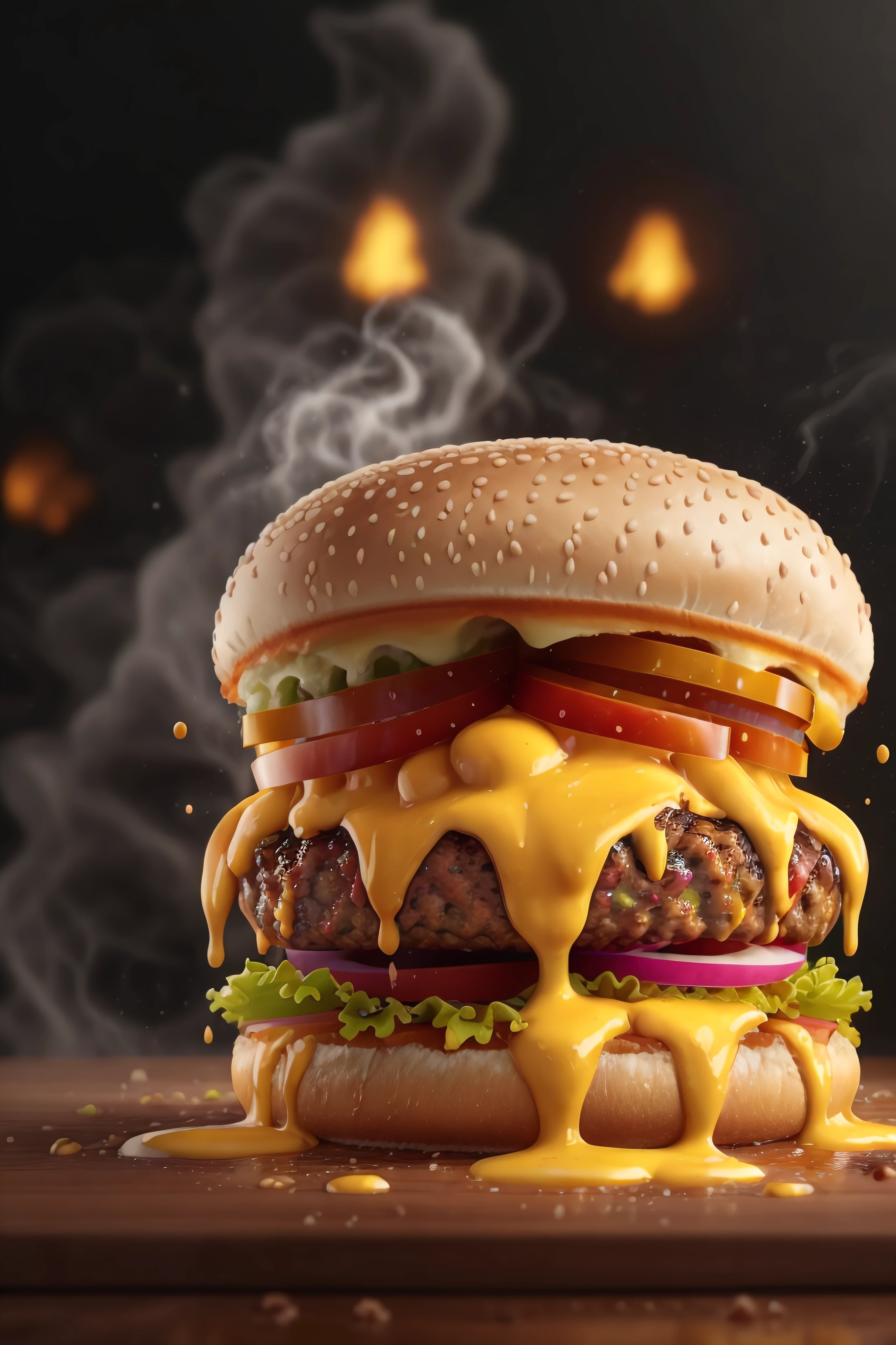 hamburger with melted cheese splashing on top of it, highly stylized, 4k, unreal engine 5 render, food art, food photography, realistic render, smoke, mist, dramatic lighting, cinematic lighting, rule of thirds, depth of field, cinematic bloom, art by fodm4st3r <lyco:fodm4st3r:0.6>