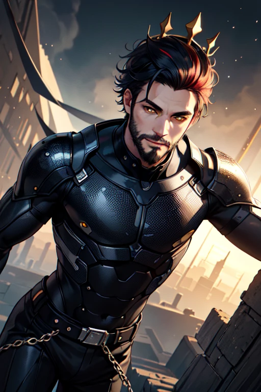 1boy, male focus, beard, stubble, facial hair, multicolored hair, crown, god, (masculine), red eyes, (masterpiece, best quality, ultra-detailed, highres), ((solo)), perfect face, sidelighting, lustrous skin,(bloom), (shine), lighting, ray tracing, sci-fi,1boy, male focus, yellow eyes, depth_of_field,very detailed background, highly detailed background, Masterpiece, Ultra detailed, great composition,Dynamic angle,(Highest picture quality), (Master's work), extreme light and shadow, masterpiece, rich in detail, (highest quality), (masterpiece), (extremely detailed CG unity 8k wallpaper),(masterpiece), (best quality), (ultra-detailed), (best illustration),(best shadow),perfect lighting , perfect anatomy , vivid colors, (masterpiece),