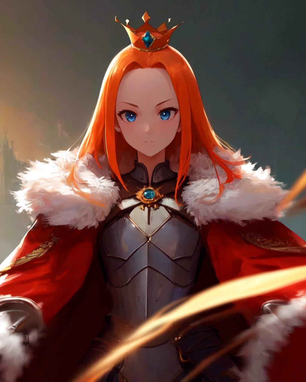 <lora:e7 Charlotte:1> e7 Charlotte, small breasts, wearing a ((tall crown)), ((big forehead)), orange hair, straight hair, blue eyes, ((fur red coat)), shoulder pads armor, flat chest, clear forehead, closed coat,
(masterpiece), best quality, highres, 4k, 8k, Detailed Illustration, intricate detail, cinematic lighting, amazing quality, 1girl, fit female, amazing shading, soft lighting, facing camera, perfect eyes