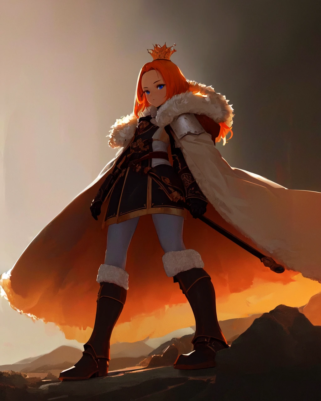 <lora:e7 Charlotte:1.2> e7 Charlotte, small breasts, flat chest, ((big forehead)), orange hair, straight hair, blue eyes, clear forehead, wearing a ((tall crown)), ((dark brown closed fur coat)), shoulder pads armor, white pantyhoses under fur skirt, leather ankle boots,
(masterpiece), best quality, highres, 4k, 8k, Detailed Illustration, intricate detail, cinematic lighting, amazing quality, 1girl, fit female, amazing shading, soft lighting, facing camera, perfect eyes
