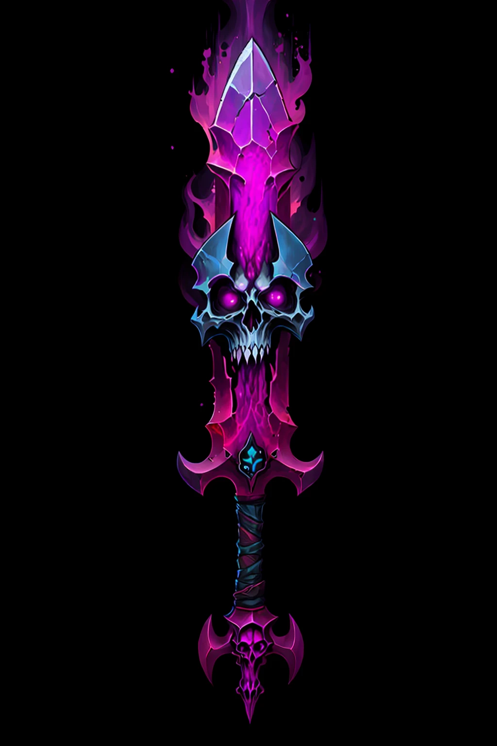 Game Art of demonic cleaver sword with skulls in Painting Comix art style, <lora:Pecha_Swords_LORA_V1-000004:0.8>, best quality, Trending on Artstation, masterpiece, (Magenta hue:1)