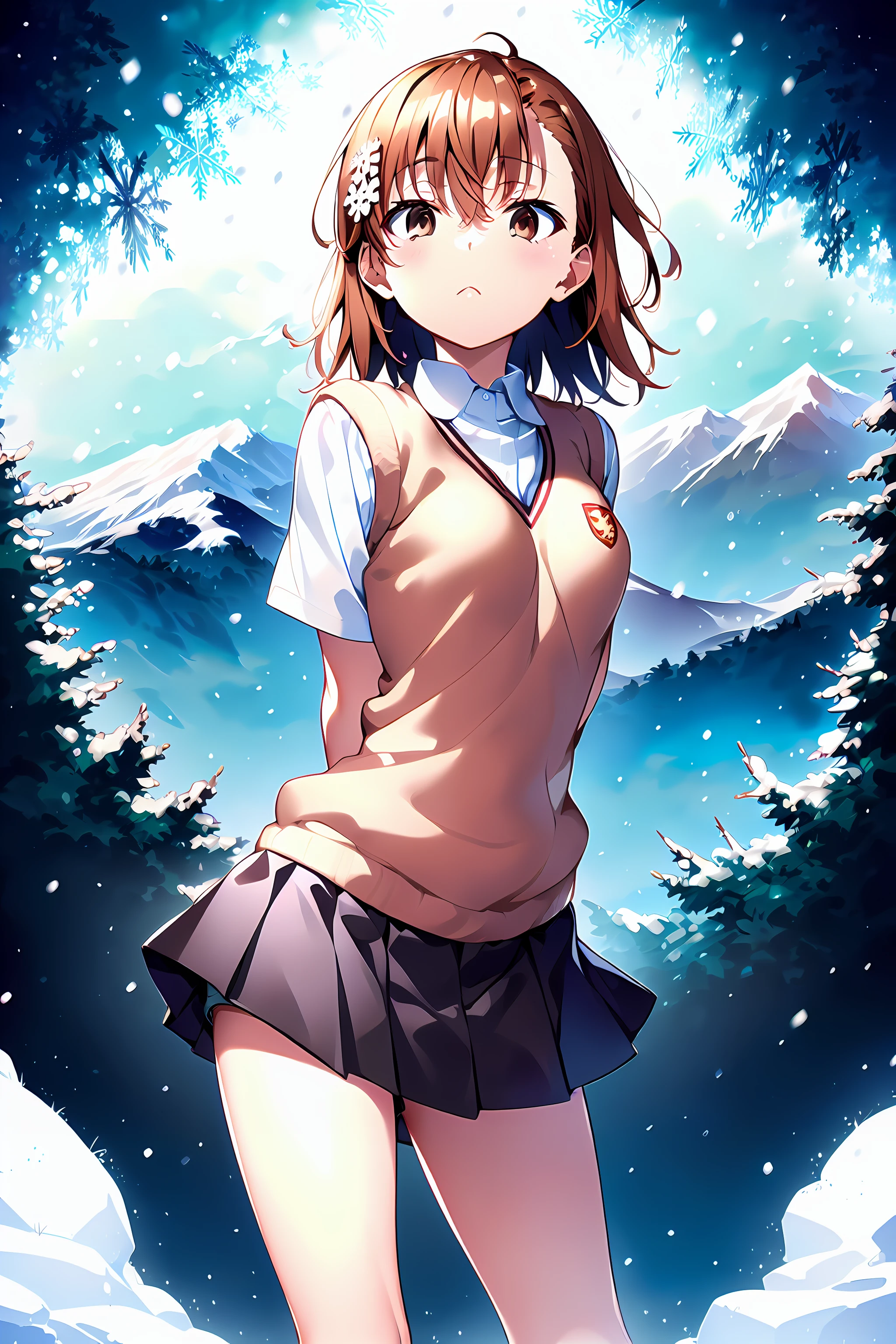 masterpiece, best quality, <lora:misaka4:1>, misaka mikoto, (cowboy shot:1.2), 1girl, solo, Snowy, Mountains, Majestic, Peaks, Frosty, Silence, Tranquility, Icy, Crystals, Frozen, Pristine, Evergreen, Pines, Enchanting, Serene, Snowflakes, Cascading, Slopes, Winter, Wonderland, Serenity, Solitude, Crisp, Pure, Aurora, Borealis, Alpine, Refuge, Blanketed, Quiet, Reflections, Chimney, Smoke, Cozy, school uniform, tokiwadai school uniform, shirt, white shirt, sweater vest, skirt, v-neck, pleated skirt, short sleeves, brown sweater vest, dress shirt, shorts, grey skirt, socks, collared shirt, shoes, loose socks, shorts under skirt, loafers, brown footwear, black skirt, short shorts, close-up, looking at viewer, sleepy, small breasts, huge_filesize , arms behind back, two_hands_behind_back