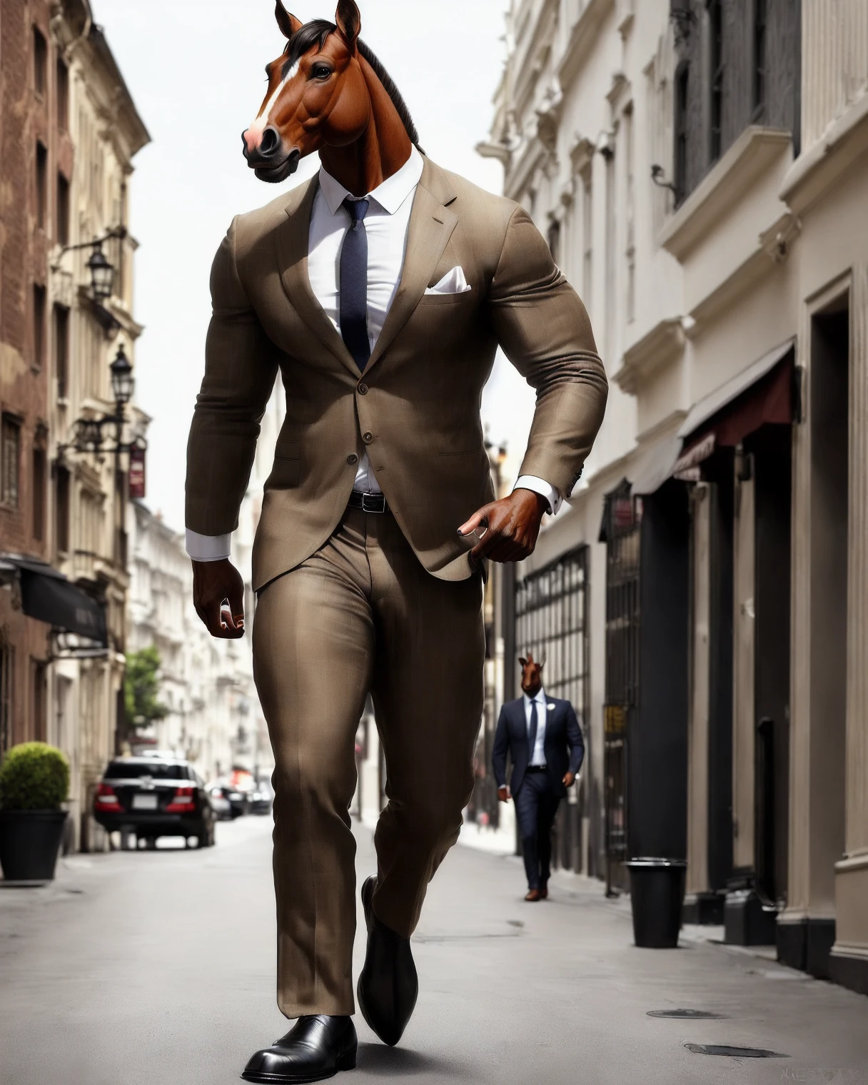 anthro (horse), male, adult, muscular, suit, standing, (realistic fur, detailed fur texture:1.2), detailed background, street background, photorealistic, hyper realistic, ultra detailed,