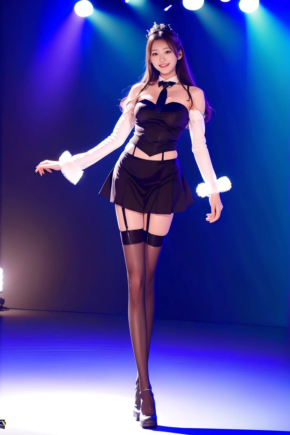 best_quality, highres, extremely_detailed, photo_background,
1girl, beautiful_face, full_body, stage, spotlight, idol, miniskirt, detached_sleeves, garter_straps, light_smile,
<lora:VeryLongLegs_v2:0.7>, (very_long_legs:1.1),