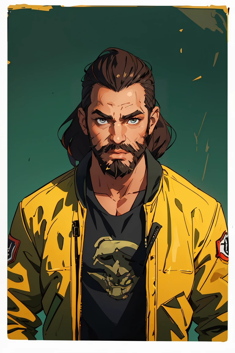 (best quality, masterpiece), 1boy, muscular, looking at viewer, beard, upper body, jacket,
