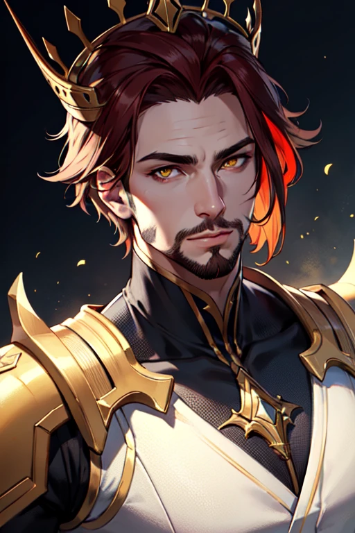 1boy, male focus, beard, stubble, facial hair, multicolored hair, crown, god, (masculine), red eyes,  (masterpiece, best quality, ultra-detailed, highres), ((solo)), perfect face, sidelighting, lustrous skin,(bloom), (shine), lighting, ray tracing, sci-fi,1boy, male focus, yellow eyes, depth_of_field,very detailed background, highly detailed background, Masterpiece, Ultra detailed, great composition,Dynamic angle,(Highest picture quality), (Master's work), extreme light and shadow, masterpiece, rich in detail, (highest quality), (masterpiece), (extremely detailed CG unity 8k wallpaper),(masterpiece), (best quality), (ultra-detailed), (best illustration),(best shadow),perfect lighting , perfect anatomy , vivid colors, (masterpiece),