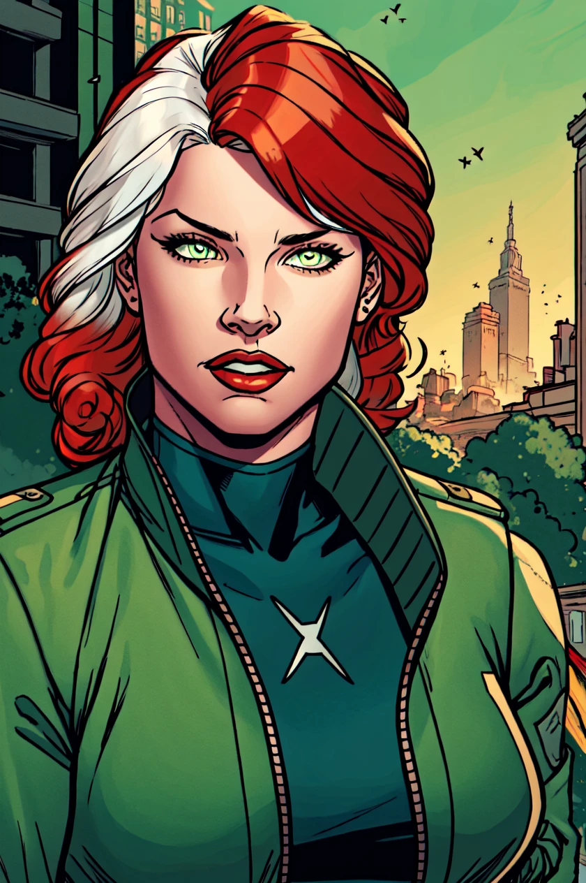 masterpiece, best quality, 1girl, red lips, solo, bomber jacket, green eyes, green and yellow body suit, curly hair, multicolored hair, white hair, red hair, auburn hair, two-tone hair,ombre , Rogue of the X-men, Anna Lebeau, bangs, side lighting, skiny skin, portrait, superhero,best illustration, city background,