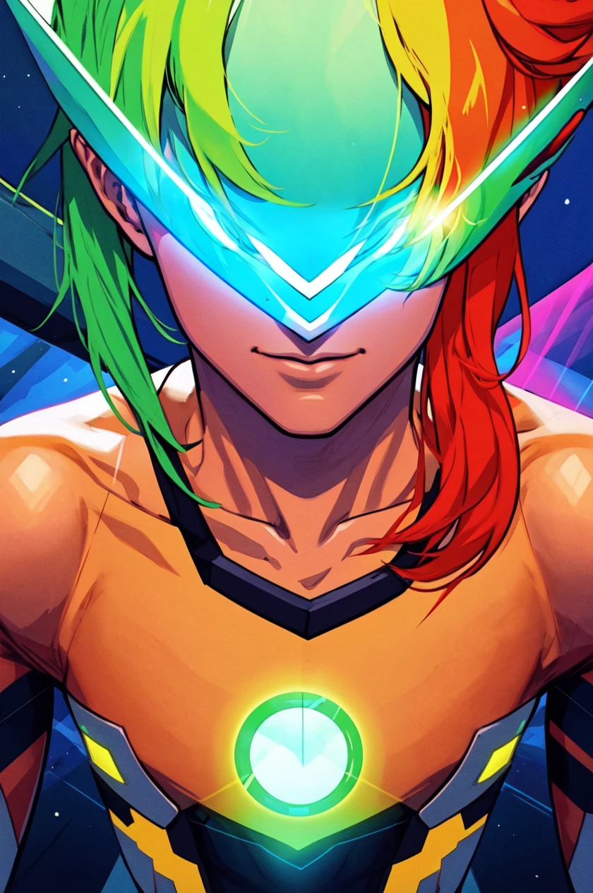(masterpiece, best illustration, extreme light and shadow), 1boy, solo, male focus, transgender male, flat chest, red hair, green hair, purple eyes, two tone hair, depth of field, standing in a spaceship, (fantasy:1.2), (lens flare, light leak, prismastic), ((close up)), shiny skin, cg, (sidelighting), (volumetric lighting)