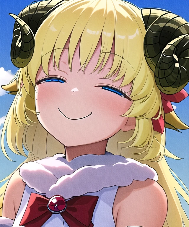 1girl, tsunomaki watame, smug, half-closed eyes, best quality, long blonde hair, hair ornament, white dress, detached sleeves, fur trim, red bowtie, sheep ears, sheep horns, blue eyes, best quality, outdoors, smirk
<lora:smug-07:1.5>