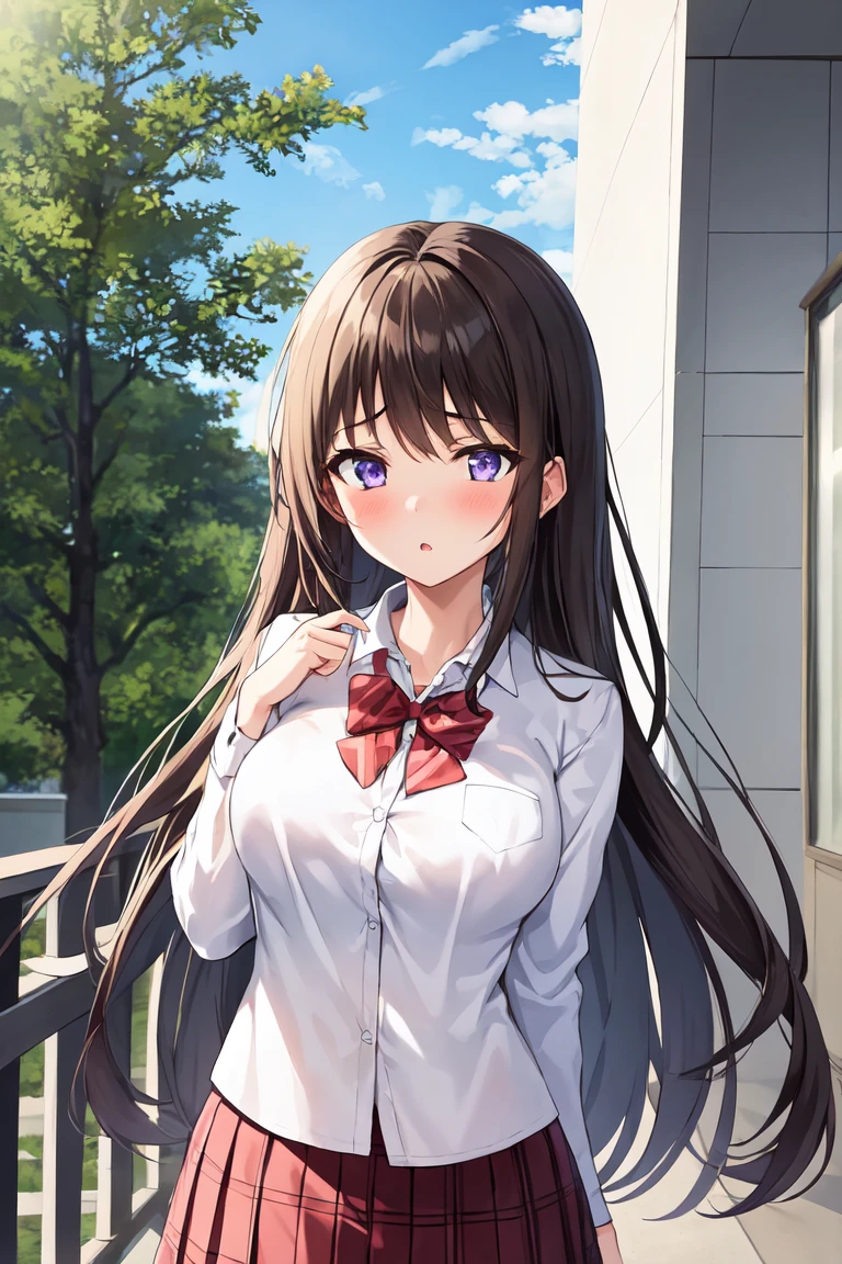 <lora:MarinaAkitsuki-v2:0.5>
1girl, bangs, blue_sky, blush, bow, bowtie, breasts, brown_hair, building, cloud, cloudy_sky, cowboy_shot, day, eyebrows_visible_through_hair, house, large_breasts, long_hair, long_sleeves, looking_at_viewer, outdoors, parted_lips, pleated_skirt, purple_eyes, red_bow, red_skirt, school_uniform, shirt, skirt, sky, solo, tree, very_long_hair