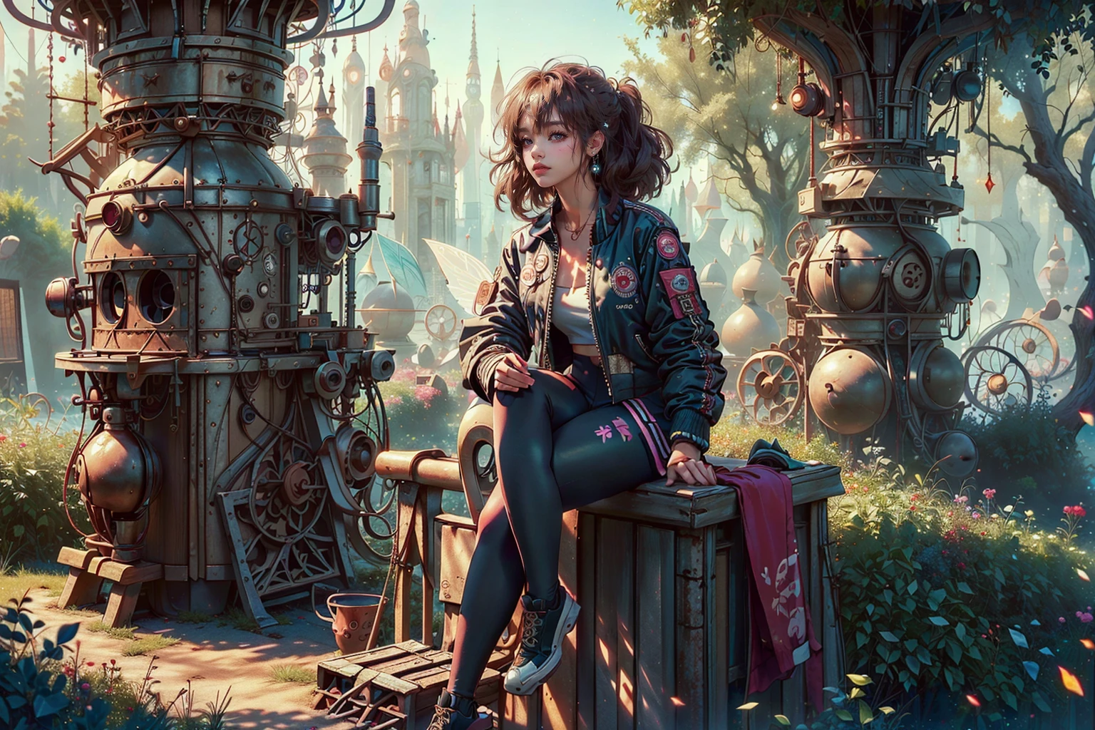 1girl, young, ((leggings, retro bomber jacket 80s)), solo, official art, unity 8k wallpaper, ultra detailed, beautiful and aesthetic, masterpiece,best quality, glowing skin, the most beautiful form of chaos, elegant, a brutalist designed, vivid colours, romanticism, ((fairytaleai, coffe machine)), <lyco:CulturePunkBundle-000007:1.0>