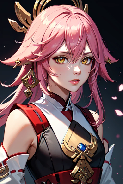 official, Yae Miko, pink hair,  (masterpiece, best quality, ultra-detailed, highres), ((solo)), perfect face, sidelighting, lustrous skin,(bloom), (shine), lighting, ray tracing, sci-fi,1boy, male focus, yellow eyes, depth_of_field,very detailed background, highly detailed background, Masterpiece, Ultra detailed, great composition,Dynamic angle,extremely delicate and beautiful,(Highest picture quality), (Master's work), extreme light and shadow, masterpiece, rich in detail, (highest quality), (masterpiece), (detailed eyes), (beautiful) detailed,beautiful detailed eyes, upper body, (extremely detailed CG unity 8k wallpaper),(masterpiece), (best quality), (ultra-detailed), (best illustration),(best shadow),perfect lighting , perfect anatomy , vivid colors, (masterpiece), (Genshin Impact)