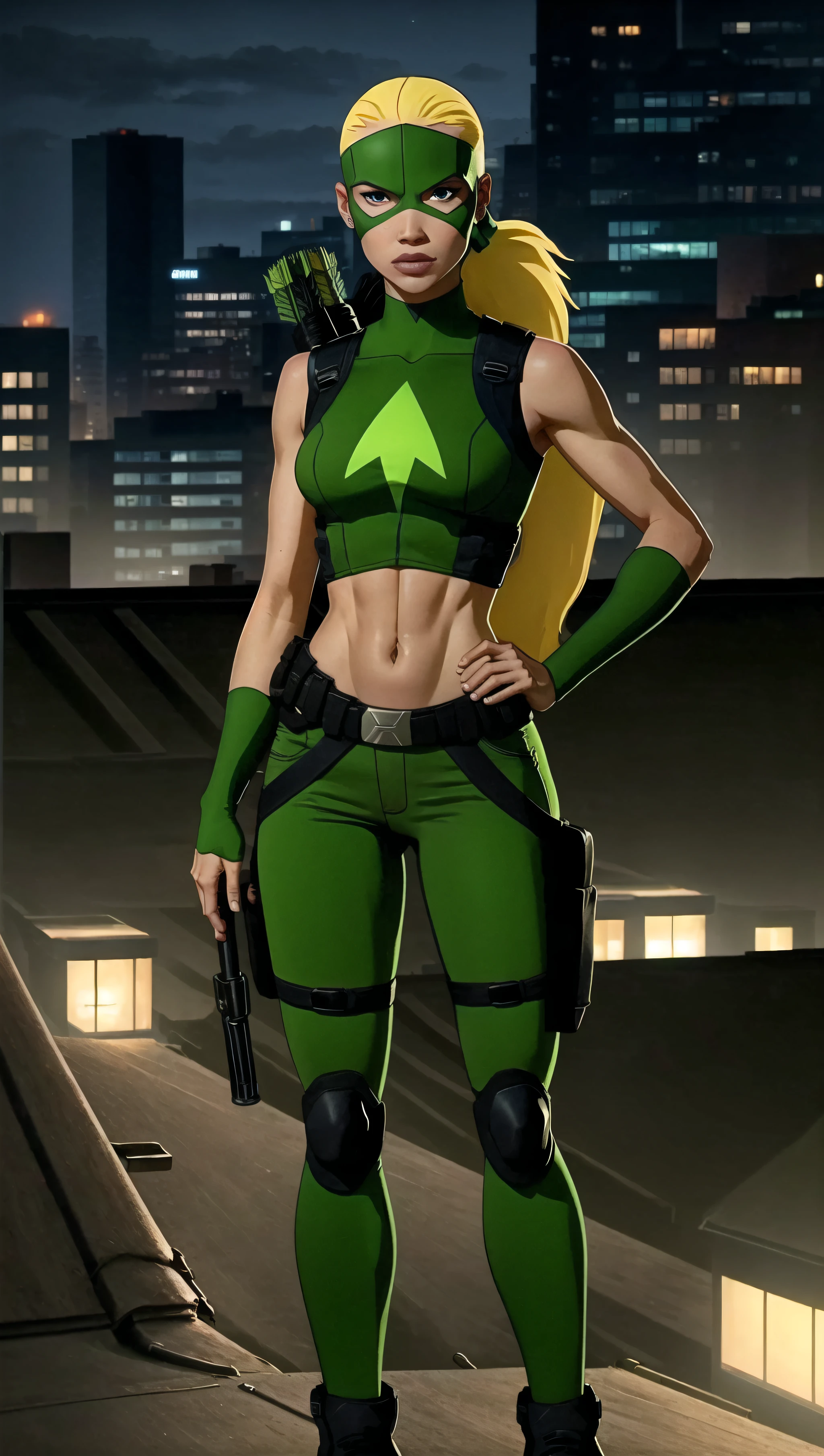 (cowboy shot), sfw, (masterpiece), (best quality:1.0), (ultra highres:1.0), detailed eyes
BREAK
<lora:ArtemisYJ:0.8> ArtemisYJ, 1girl, ponytail, quiver
green mask, green hero costume, sleeveless, midriff, arrow logo, green pants, knee pads
BREAK
(rooftop, city, nighttime, gorgeous view)