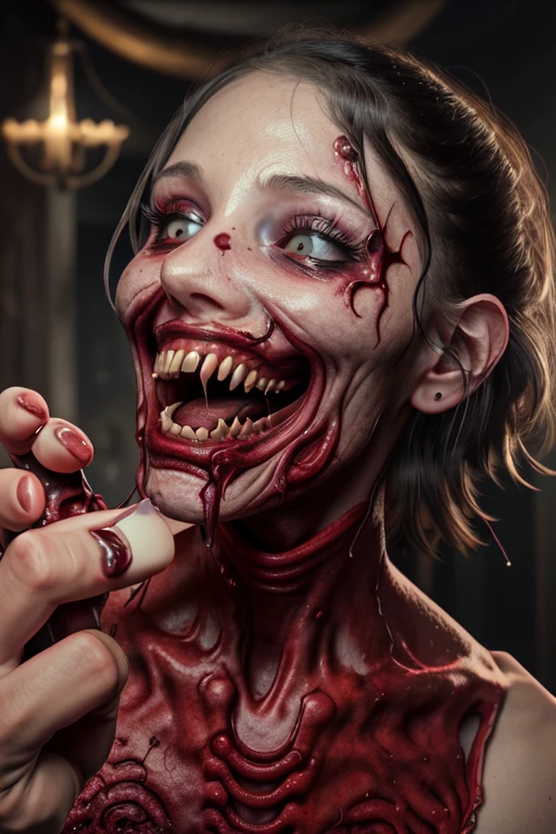 reelhorror, <lora:weirdreelhorror_v1_2:1> 1girl, humanoid, lying, dismembered, veins, tongue, tail, teeth, eyes, flesh, drooling, looking at viewer, blood, tentacles, injury, realistic, death, indoors, full-length shot, trash, pov scene, pov