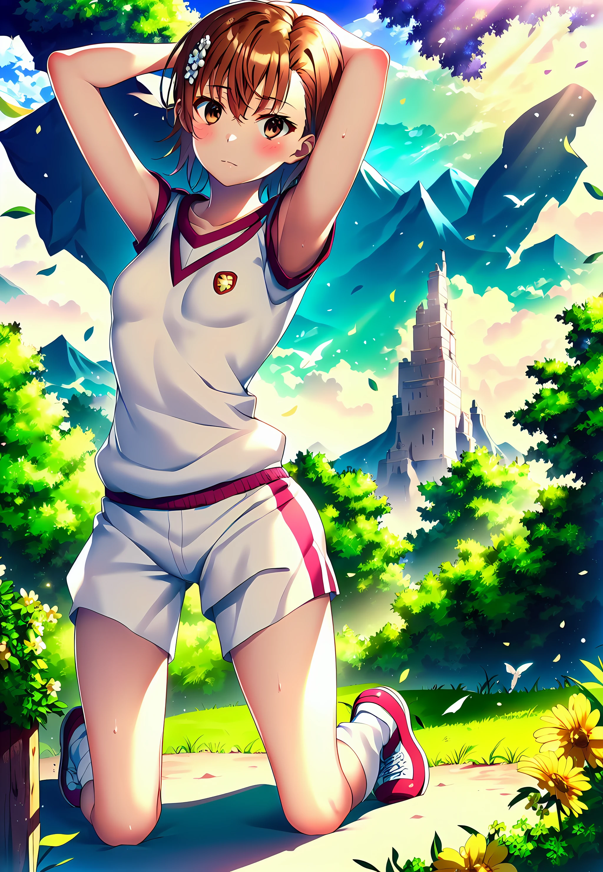masterpiece, best quality, <lora:misaka4:1>, misaka mikoto, (cowboy shot:1.2), 1girl, solo,Serene, Meadow, Cerulean, Fluffy, Clouds, Sunbeams, Lush, Foliage, Emerald, Trees, Dappled, Shadows, Babbling, Brook, Crystal-clear, Glistening, Gentle, Sunlight, Colorful, Wildflowers, Sway, Breeze, Lavender, Goldenrod, Azure, Majestic, Snow-capped, Mountains, Peaks, Heaven, Birdsong, Tranquility, Harmony, Awe, Nature's, Beauty, bare shoulders, collarbone, gym uniform, sleeveless, sleeveless shirt, white shorts, white socks,short shorts, looking at viewer, bashful, small breasts, sneakers, kneeling,