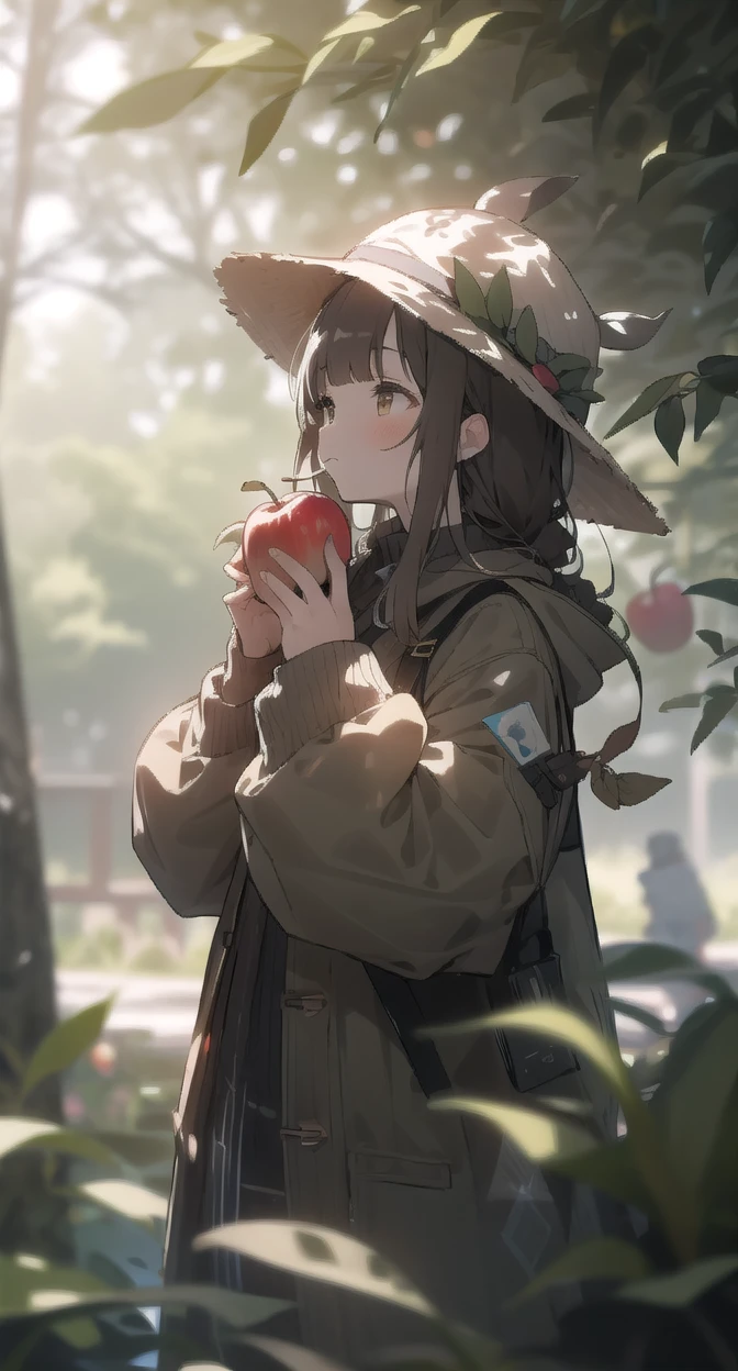 1girl, food, solo, fruit, holding food, holding, long hair, brown hair, holding fruit, outdoors, long sleeves, yellow headwear, branch, tree, hat, blurry, apple, closed mouth, brown eyes, day, bangs, looking up, hands up, jacket, leaf, standing, cowboy shot, plant, depth of field, blurry background, coat, braid, basket, green headwear, yellow jacket, looking away, sweater, dappled sunlight, <lora:light-000004:1>