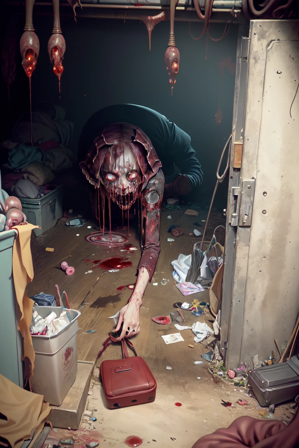 reelhorror, <lora:weirdreelhorror_v1_2:1> 1girl, humanoid, dismembered body, spider legs, looking at viewer, short hair, lying, pants, bag, blood, tentacles, monster, injury, blood on face, realistic, death, corpse, messy, interior, trash, pov scene, pov, horror