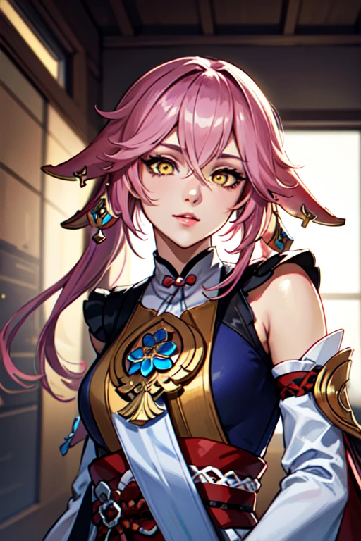 official, Yae Miko, pink hair,  (masterpiece, best quality, ultra-detailed, highres), ((solo)), perfect face, sidelighting, lustrous skin,(bloom), (shine), lighting, ray tracing, sci-fi,1boy, male focus, yellow eyes, depth_of_field,very detailed background, highly detailed background, Masterpiece, Ultra detailed, great composition,Dynamic angle,extremely delicate and beautiful,(Highest picture quality), (Master's work), extreme light and shadow, masterpiece, rich in detail, (highest quality), (masterpiece), (detailed eyes), (beautiful) detailed,beautiful detailed eyes, upper body, (extremely detailed CG unity 8k wallpaper),(masterpiece), (best quality), (ultra-detailed), (best illustration),(best shadow),perfect lighting , perfect anatomy , vivid colors, (masterpiece), (Genshin Impact)