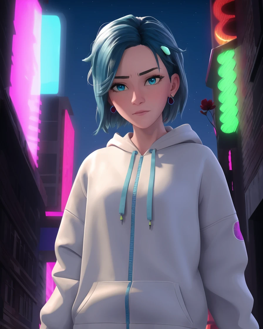 spiderverse style, masterpiece, best quality, 1girl, aqua eyes, flower on hair, blue hair, closed mouth, earrings, detailed background, looking at viewer, shirt, short hair, outdoors, solo, upper body, hoodie, neon lights, night, sky, city  <lora:spiderverse_style_offset:1>