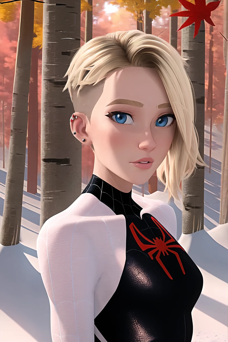 spiderverse style, 1girl, solo, blonde hair, tree, blue eyes, bodysuit, short hair, snow, looking at viewer, forest, autumn leaves, nature, asymmetrical hair, winter, spider web print, hood, upper body, lips, superhero, outdoors, undercut, autumn, , piercing, leaf, ((masterpiece))  <lora:spiderverse_style_offset:1>