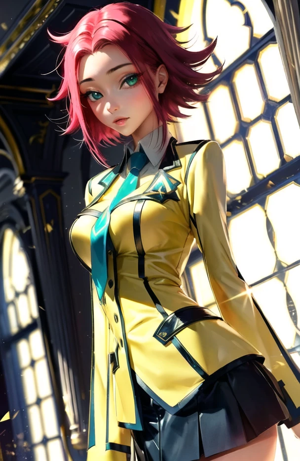 kallen school uniform, cowboy shot,
1girl, (green_necktie, black skirt, yellow uniform, ashford_academy_uniform:1.3), highhighs, zettai_ryouiki,
(masterpiece, best quality, ultra-detailed), (beautiful detailed face, beautiful detailed eyes),
mksks style, beautiful background, (chromatic aberration, lens flare, indoor, light particles, holographic interface:1.2)