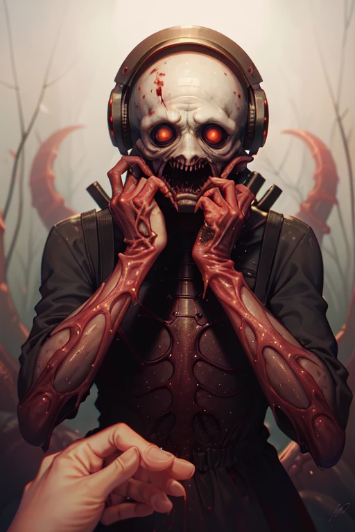 reelhorror, <lora:weirdreelhorror_v1_2:1> humanoid, dismembered, hazmat suit, multiple arms, open mouth, multiple heads, teeth, (multiple eyes:1.2), flesh, drooling, looking at viewer, lying, blood, tentacles, injury, realistic, death, outdoors, forest, night,full-length shot, trash, pov scene, pov, horror,