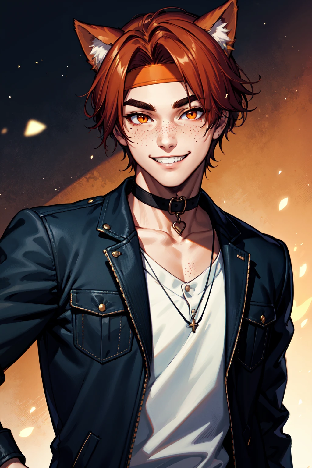 cat ears, 1boy, male focus, solo, smile, orange eyes, freckles, auburn hair, thick eyebrows, looking at viewer, choker, headband, grin, jacket