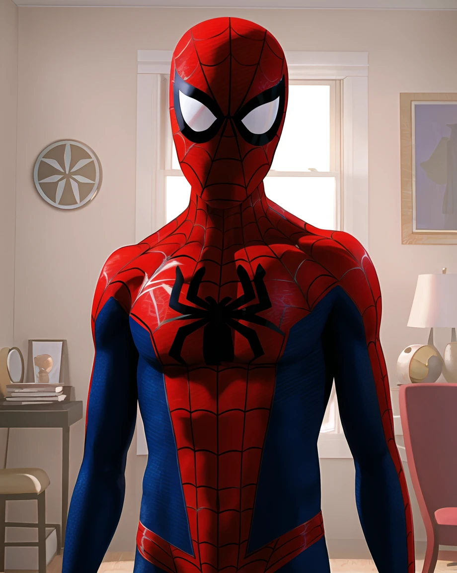 spiderverse style, 1boy, male focus, solo, spider web print, superhero, bodysuit, mask, red bodysuit, upper body, silk, spider web, looking at viewer, indoors, ((masterpiece)) <lora:spiderverse_style_offset:1>