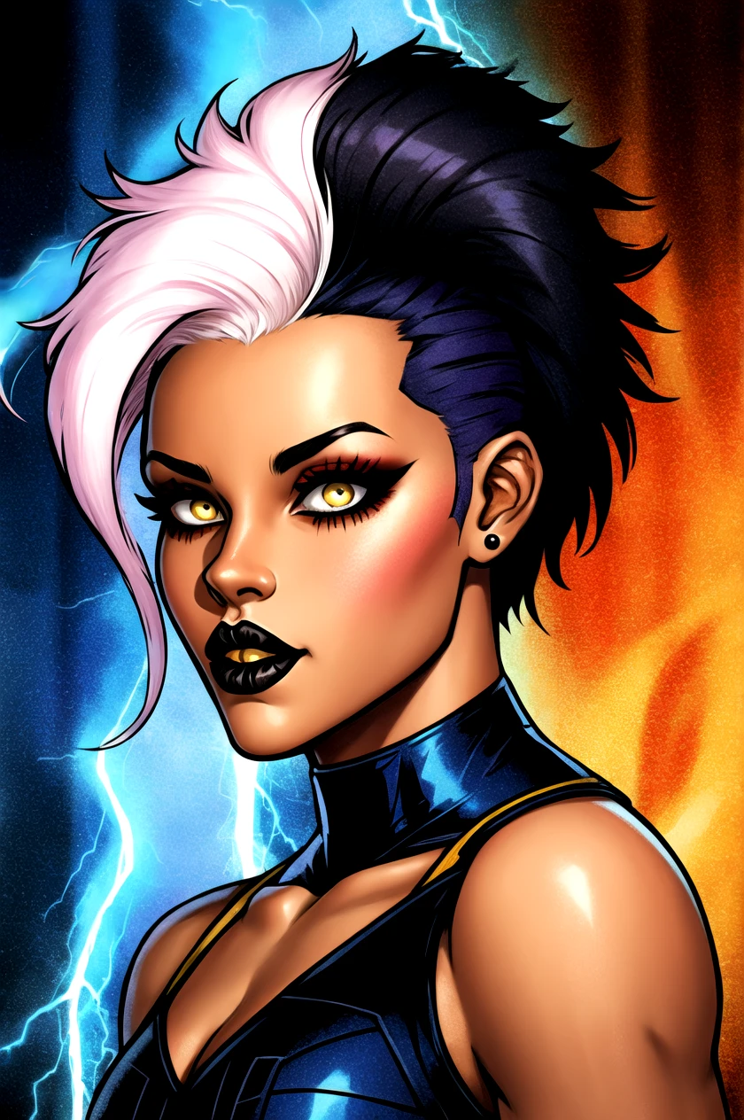 masterpiece, best quality, 1girl, gothic, black lips, solo, yellow eyes, contoured makeup, makeup, multicolored hair, white hair, black hair, two-tone hair,ombre , Ororo Munroe, dark skin, tan skin, Storm of the X-men, bangs, eyeshadow, cross, hair bow, bow, lipstick,fishnets, mohawk, mascara, side lighting, skiny skin, best illustration, hair ornament