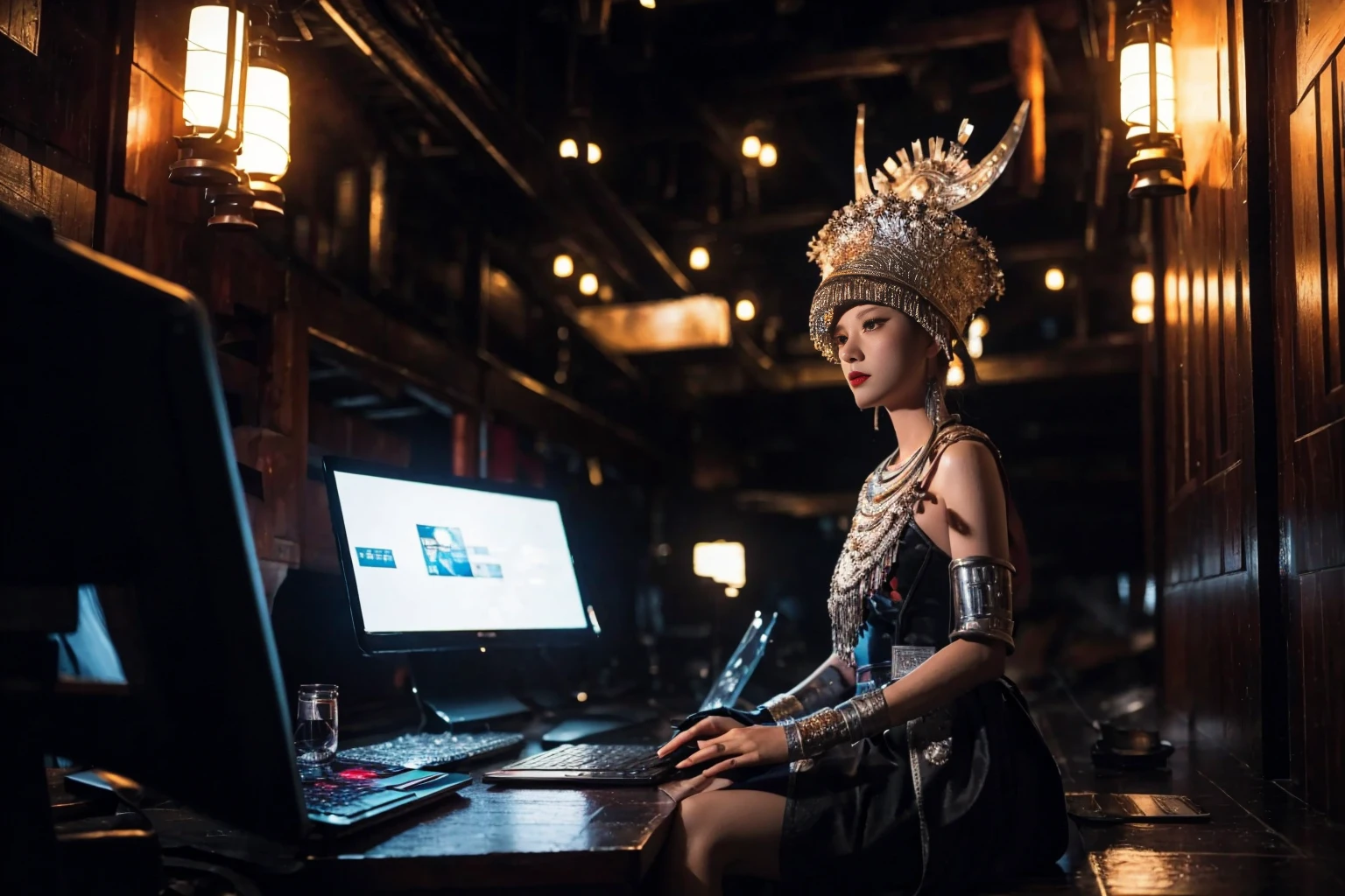 masterpiece,(extremely detailed:1.2), detailed illustration, (futuristic:1.1), (cyberpunk:1.1),
BREAK
girl, sitting on computer, looking at screen, many screen, (see through screens:1.2), extremely detailed,cyberpunk clothing
BREAK
dark room with lot of , Luminescence lights
