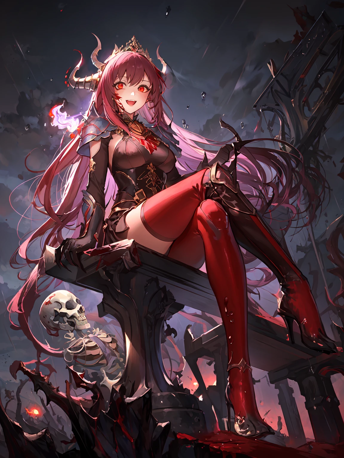 masterpiece,best quality,highres,1girl,<lora:ShadowverseLauraV9:0.75> ,looking at viewer,cruel,blood,skeletons,rain,:d,from below,legs crossed,sitting,armor,claw,shaded face,glowing red eyes