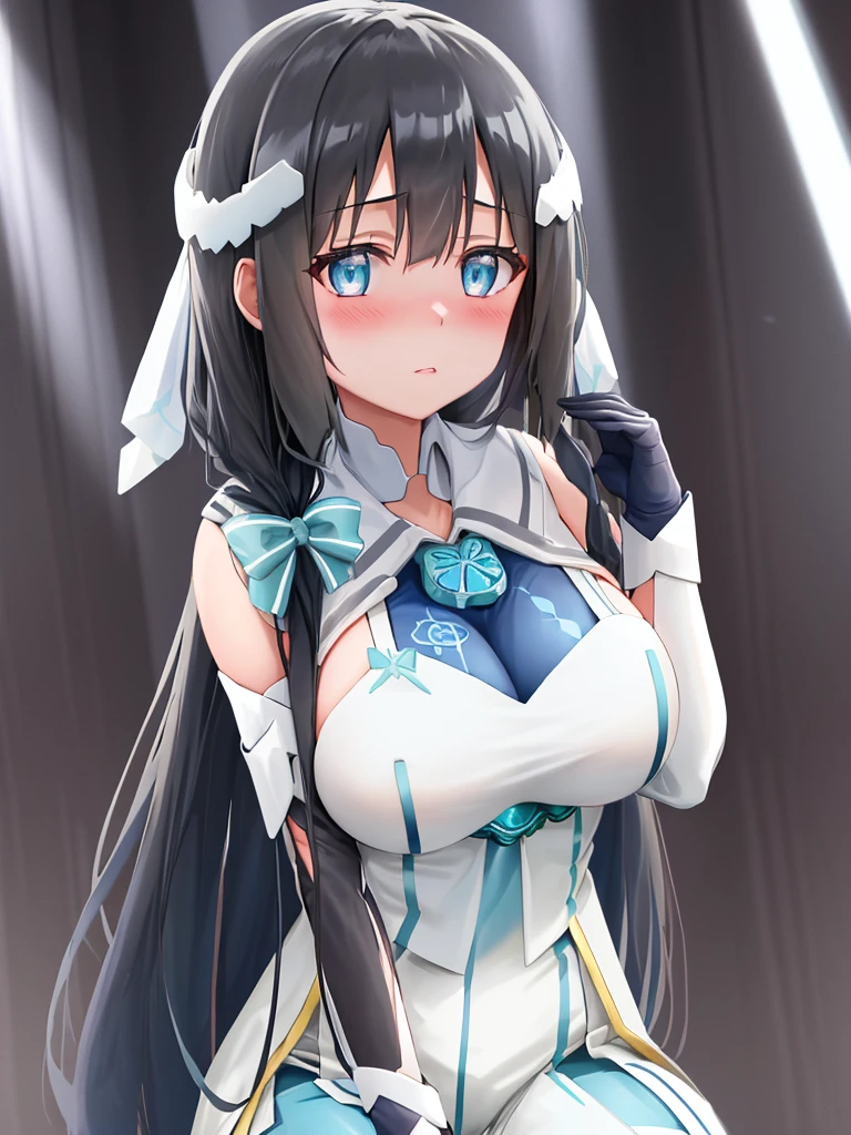 <lora:Tougou_mimori-10:1>,Tougou_mimori,1girl, solo, long hair, breasts, blush, large breasts, bow ,blue eyes,black hair,hair ornament, gloves, very long, detached sleeves, bodysuit, blue gloves