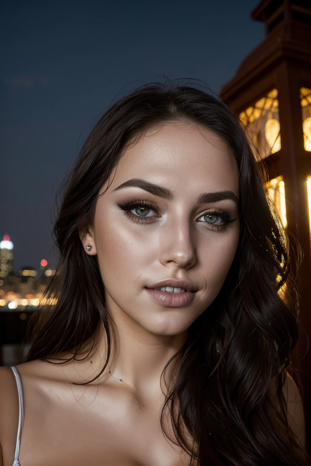 upper body, outdoors, clock tower, city, skyline, stars, close-up, cleavage, perfect face,, (sharp focus:1.2), portrait, ((posing)), (beautiful face:1.1), detailed eyes, luscious lips, ((skindentation)), (bright studio lighting:1.2), depth of field, bokeh, 4K, HDR. by (James C. Christensen:1.2|Jeremy Lipking:1.1), btpt-fc, <lora:btpt-fC_v1.2a:1>, dark, rim lighting, two tone lighting, dimly lit, low key, ,<lora:epi_noiseoffset2:1>, eyes, eyeshadow, pupils, eyebrows, nose, lips, teeth, face, hair, long hair, 1girl, solo