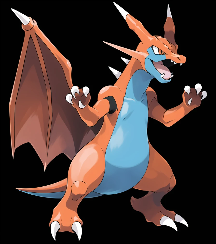 sugimori ken \(style\), pokemon \(creature\), , salamence, charizard mega X, solo, open mouth, simple background, full body, wings, teeth, tongue, no humans, fangs, claws , ((masterpiece)) <lora:pokemon_v3_offset:1>