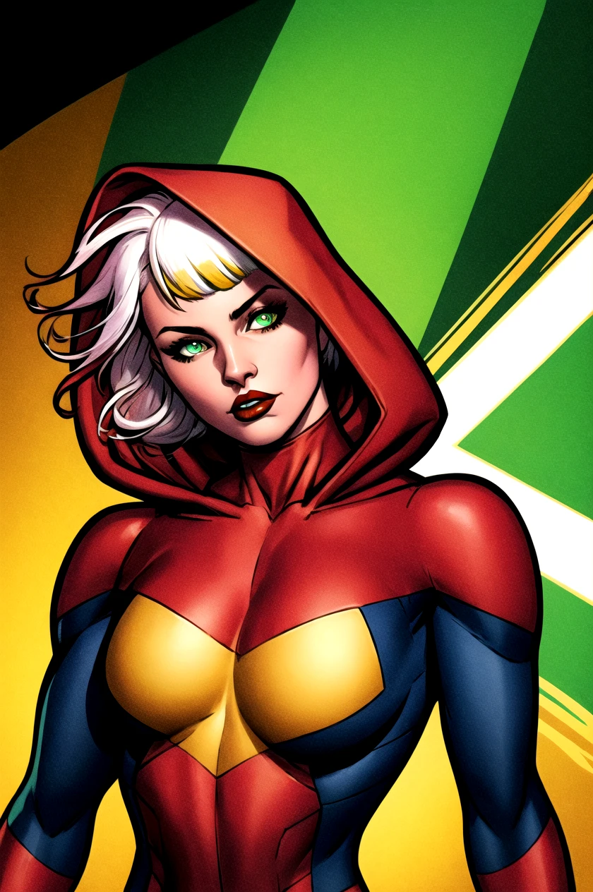 masterpiece, best quality, 1girl, red lips, solo, green eyes, green and yellow body suit, curly hair, multicolored hair, white hair, auburn hair, two-tone hair,ombre , Rogue of the X-men, Anna Lebeau, bangs, hood, side lighting, skiny skin, superhero,best illustration,