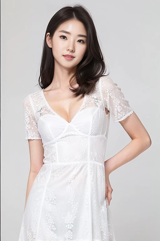Anya01 and <lyco:Anya01V10:0.6>,(A young 20 year old Chinese woman in a beautifully designed dress:1.2),(Detailed face),(She looks at the camera with a natural smile),she has symmetrical eyes.(aegyo sal),she has pale skin,black long hair,((front view,full body,full shot,standing)),(cleavage visible),small breasts,(Detailed skin texture, detailed skin pores),(She is standing and posing for a photo),detailed hands,(detailed fingernails,detailed fingers),sexy thighs,high skin detail,(photorealistic,Realistic,masterpiece, best quality),raw photo,(simple background:1.2),(White background:1.2),indoor,(sfw:1.2)