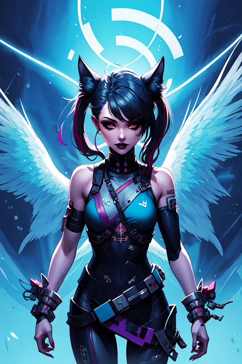 official art, unity 8k wallpaper, ultra detailed, beautiful and aesthetic, masterpiece, best quality, ,1girl, gothic, black lips, solo, black hair, makeup, twin tails, hair buns, multicolored hair, white hair, bangs, eyeshadow, cross, hair bow, bow, lipstick, two-tone hair, magical girl outift, ethereal, cat ears, animal ears, angel wings, extremely detailed, dynamic angle, cowboy shot, the most beautiful form of chaos, elegant, (cyberpunk), (fantasy), best illustration, masterpiece,romanticism, atmospheric, ecstasy of musical notes, streaming musical notes visible