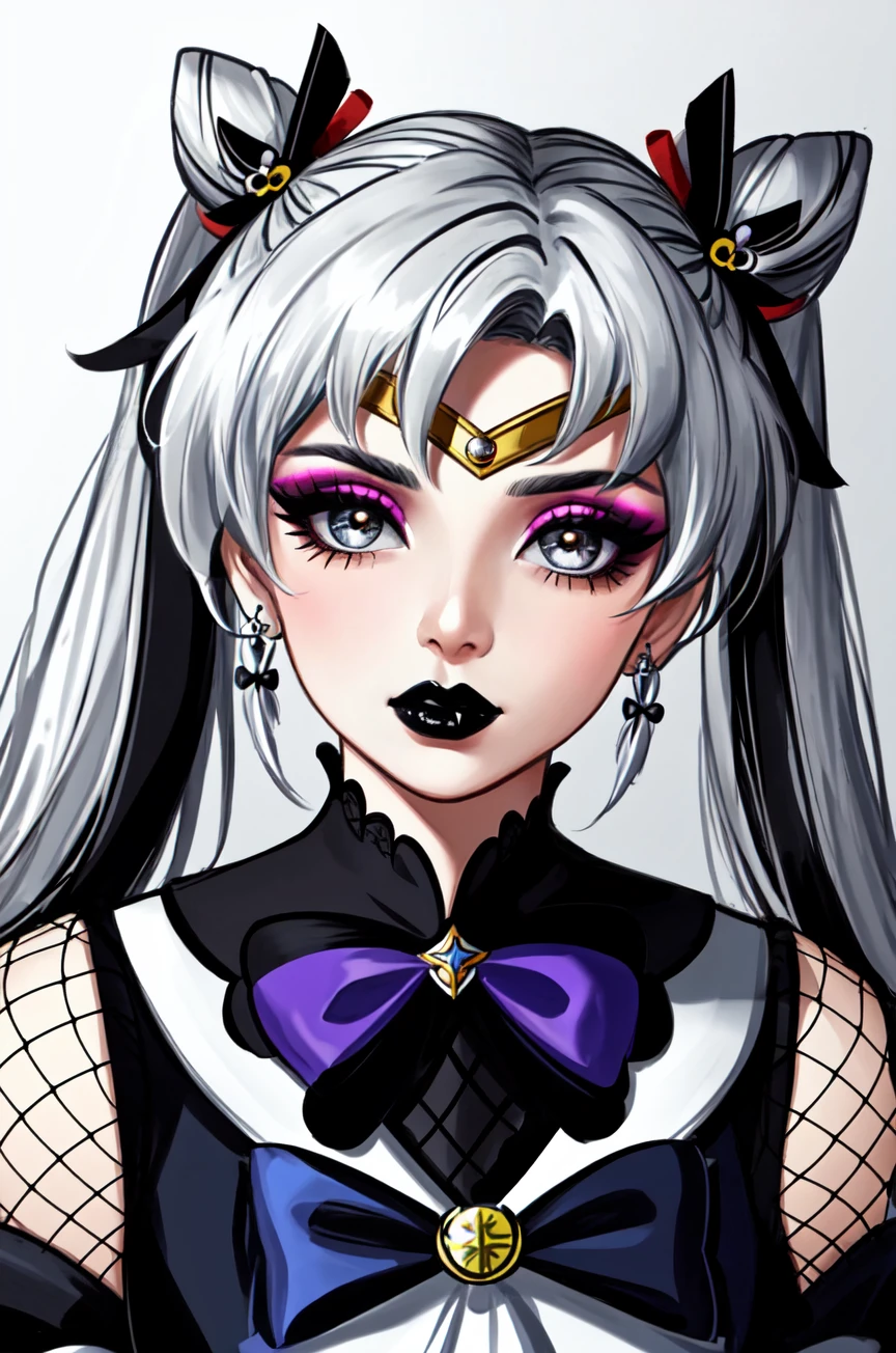masterpiece, best quality, 1girl, gothic, black lips, solo, black hair, makeup, twin tails, hair buns, sailor moon, multicolored hair, white hair, bangs, eyeshadow, cross, hair bow, bow, lipstick, two-tone hair, fishnets, mascara, black background, hair ornament, (Genshin Impact)