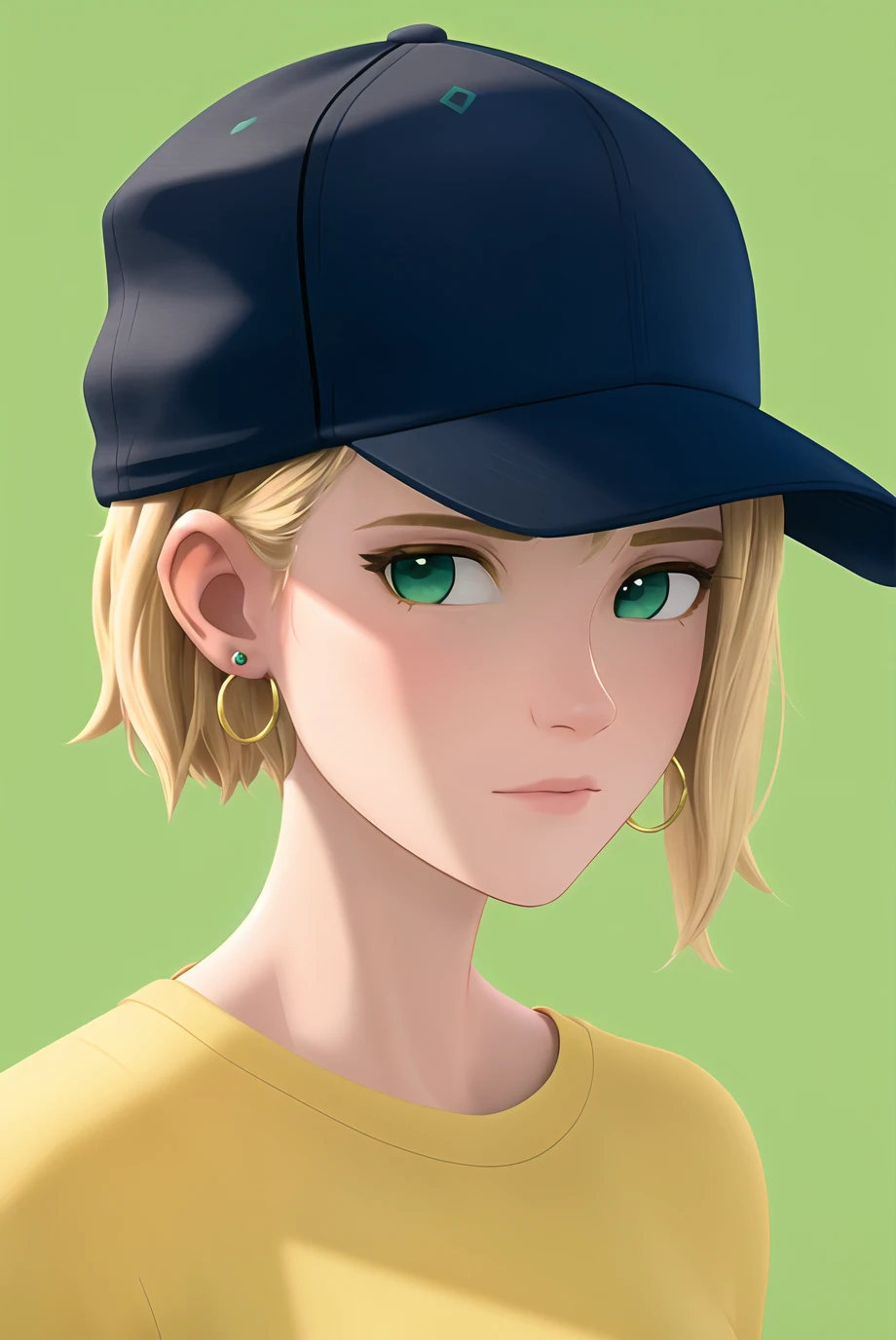 spiderverse style, masterpiece, best quality, 1girl, aqua eyes, baseball cap, blonde hair, closed mouth, earrings, green background, hat, hoop earrings, jewelry, looking at viewer, shirt, short hair, simple background, solo, upper body, yellow shirt <lora:spiderverse_style_offset:1>