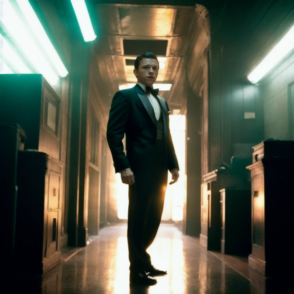 RAW portrait of tomholland person wearing a tuxedo, professional photography, in blade runner, high resolution, 4k, 50mm, vaporwave, photo by Brooke Shaden, <lora:tomholland_6150:1>