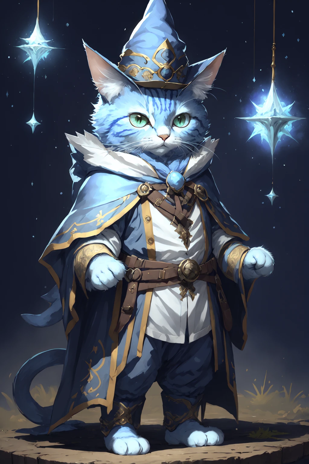 <lora:cat-000008:0.8> fullbody portrait, blue c4ttitude, wearing white magician outfit, wizard hat