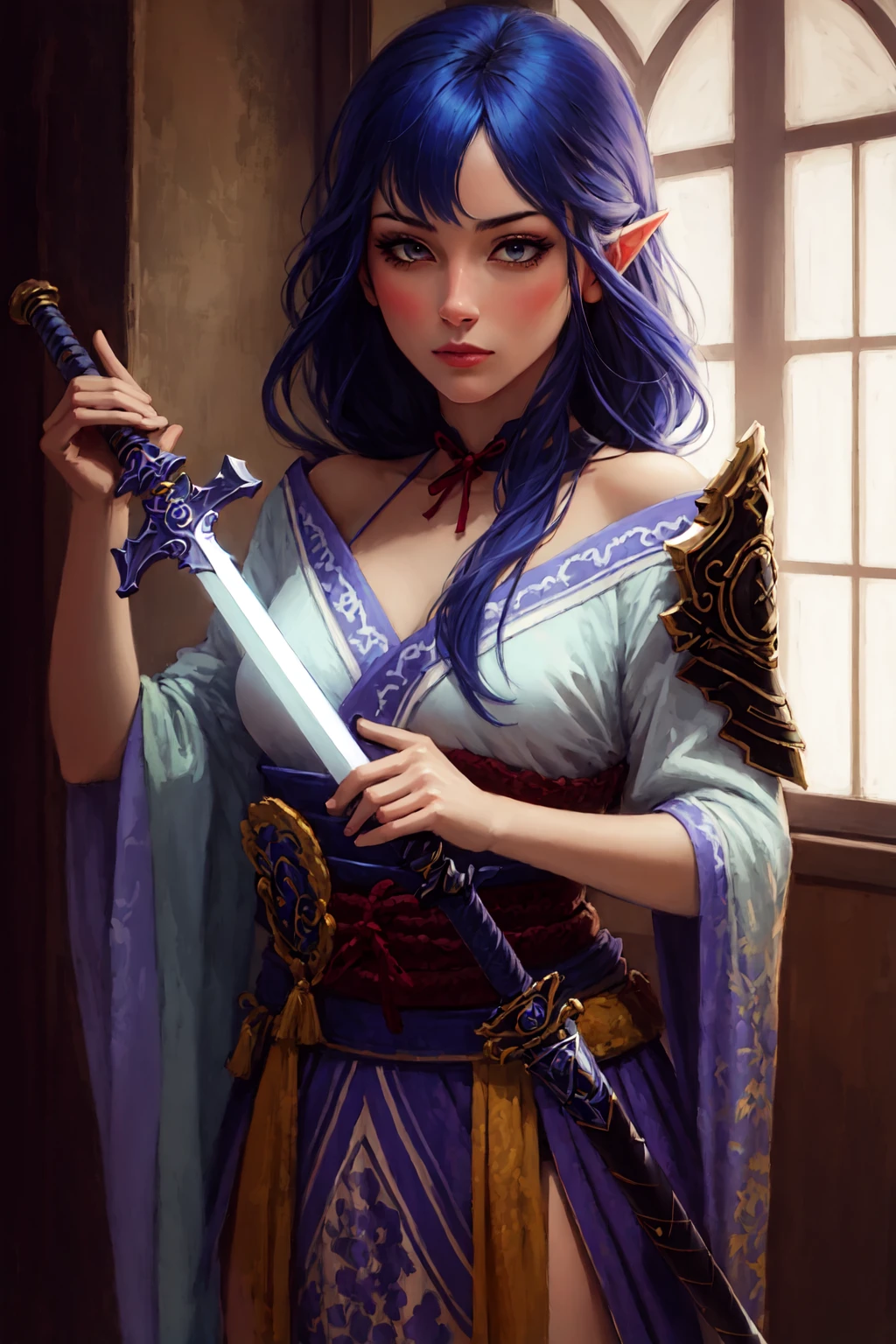 Highly detailed, High Quality, Masterpiece, beautiful, <lora:UnlimitedBladeWorks:0.9>, Link Master Sword, 1girl, cowboy shot, nice hands, perfect hands, <lora:Other_EnvyBetterHands:1>, Raiden_Shogun_\(genshin impact\), Raiden_Shogun:1.2, blue hair, long hair, <lora:Char_GenshinImpact_RaidenShogun:0.8>