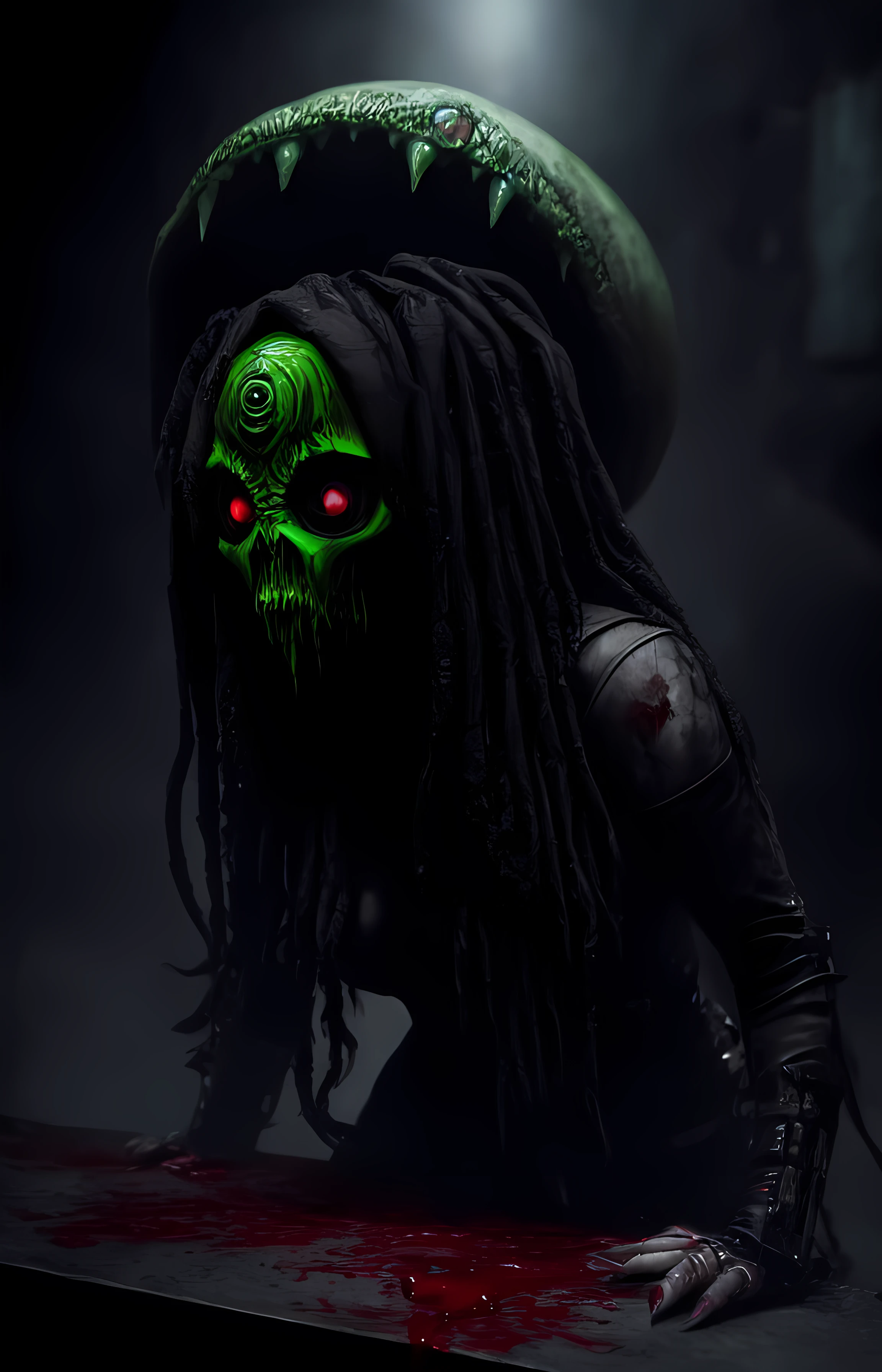 a dangerous looking girl green, blood on top of a table with a demon head, in the style of giger in the hole, hyperrealism, realistic photography, dark atmosphere, realistic blood, high quality render, ultra realistic shadows