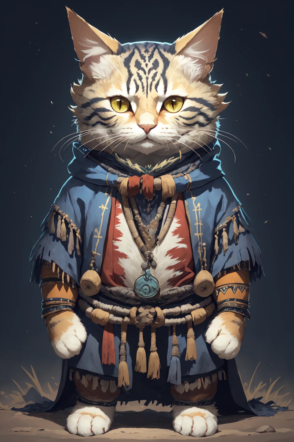 <lora:cat-000008:0.8> fullbody, c4ttitude, shaman, tribal mask